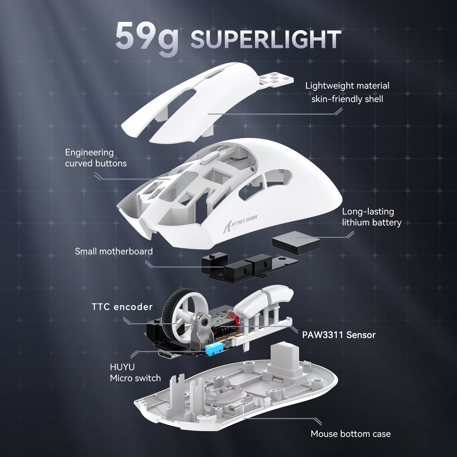 ATTACK SHARK R1 SUPERLIGHT Mouse with Tape, PixArt PAW3311 Gaming Sensor, BT/2.4G Wireless/Wired Gaming Mouse, 6 Adjustable DPI up to 18000, 65 Hrs Battery, Office Mice for Win11/Xbox/PS/Mac