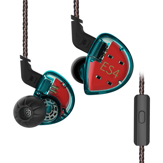Auriculares Auriculares internos con cable KZ-ES4 Conector de 3,5 mm Auriculares Tecnología híbrida Música Sonido Audio Auriculares Correr Cable desmontable Cian con micrófono