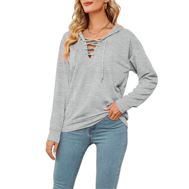 Sudadera con capucha de manga larga con cuello en V, sudadera holgada y agradable para la piel, para mujer, para ir de compras en casa, gris S