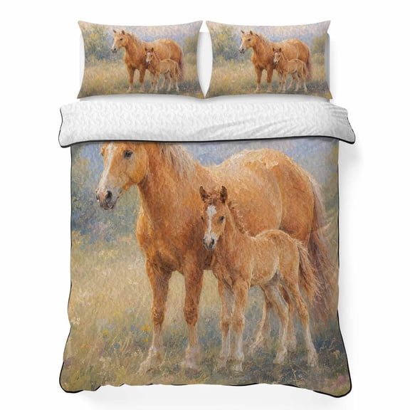 Quilts King Size Bedding Set, Country Horses Lightweight Quilted Comforter, Wildlife Pastoral Forest Grassland Soft Reversible Bedspread Coverlet with Pillow Covers for All Season, 96" x 106"