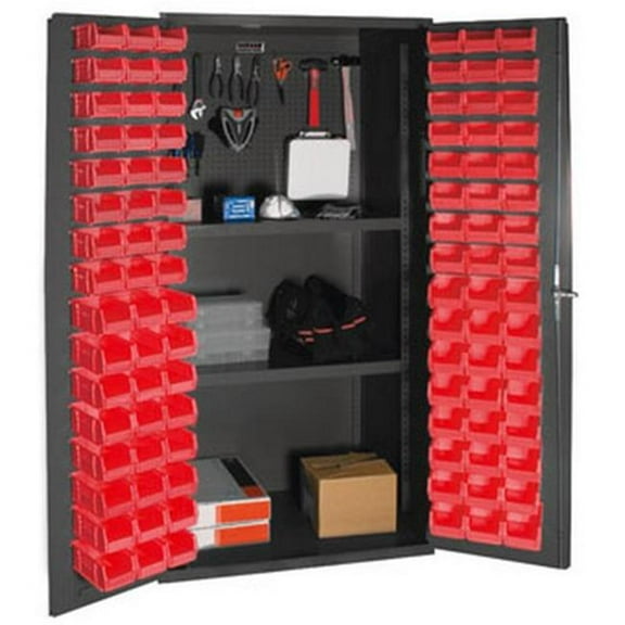Durham 3501-DLP-PB-96-2S-1795 14 Gauge Flush Door Style Lockable Cabinet with Steel Pegboard & 96 Red Hook on Bins & 2 Adjustable Shelves, Gray - 36 in.