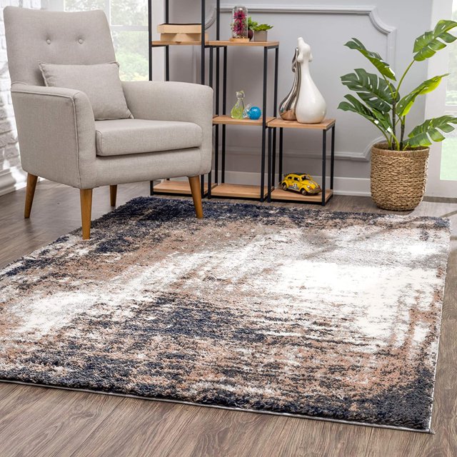 homeroots home decor 392350 8’ x 11’ Ivory and Navy Retro Modern Area Rug