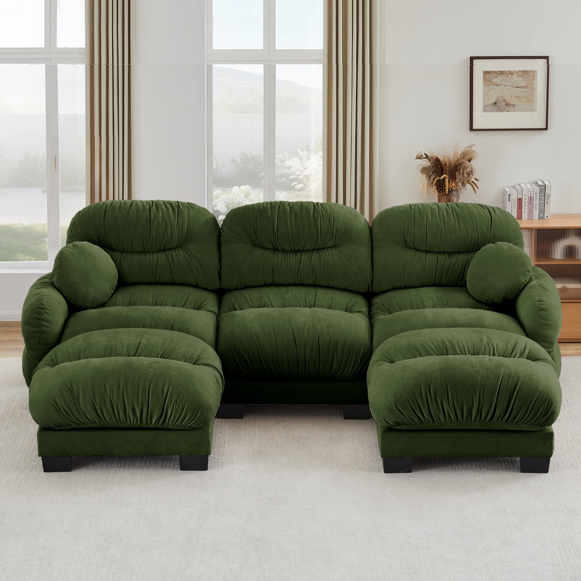 116" 3 Seater Sectional Couch Cozy Chenille U Shape Modular Sofa with 2 Ottoman and 2 Throw Pillows