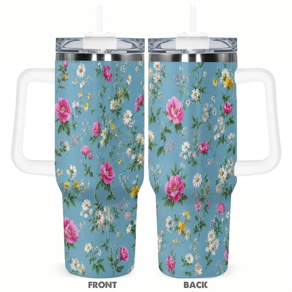 40oz Blue Floral Travel Tumbler with Handle and Straw Lid Pink Daisy Insulated Car Coffee Cup Gift for Women