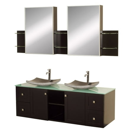 Wyndham Collection Avara 60 inch Double Bathroom Vanity in Espresso, Green Glass Countertop, Altair Black Granite Sinks, and Medicine