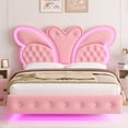 thumbnail image 2 of Homfa Full Size Velvet Upholstered Bed with LED Lights, Floating Platform Bed Frame with Butterfly Crystal Button Tufted Headboard, Pink, 2 of 7