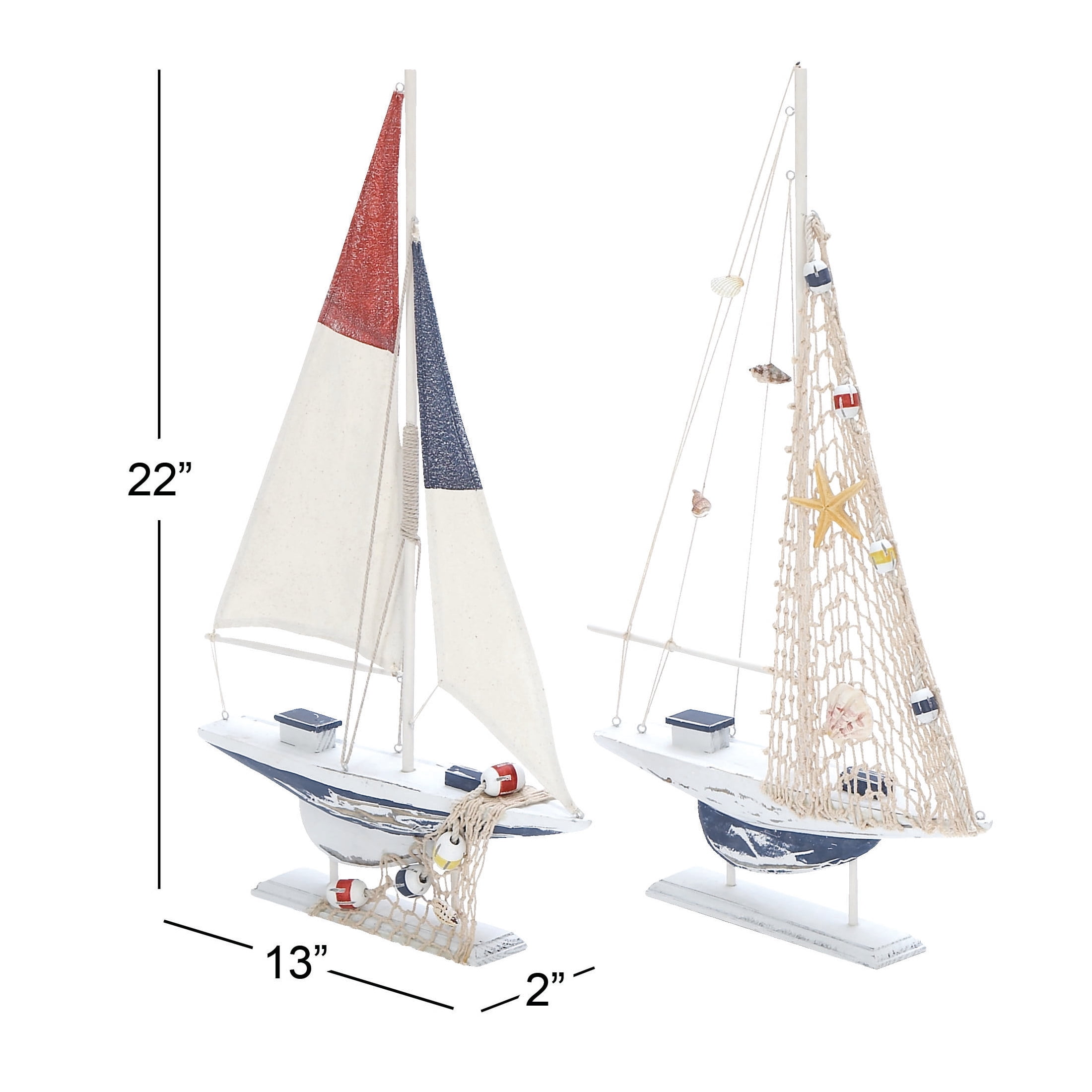22"H, 13"W White Wood Handmade Sail Boat Sculpture, by DecMode (2 Count)