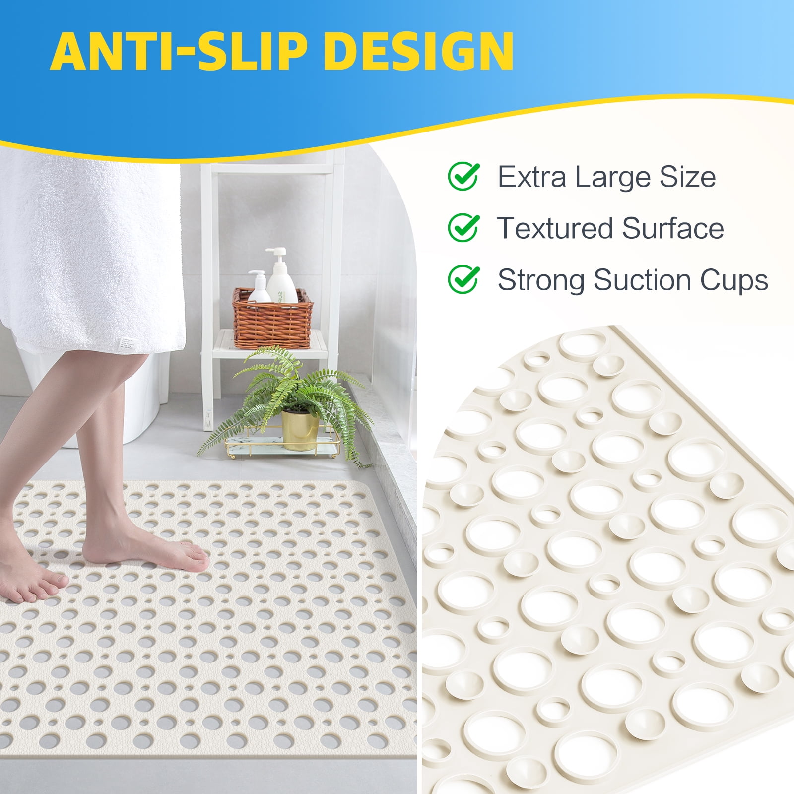 OTHWAY Large Shower Mat, 35x24 TPE Anti Slip Shower Mat, Heavy Bath Mats for Shower with Drain Holes Suction Cups, Shower Stall Mat for Bathroom, No Odor Shower Grip Mat for Elderly Kids(White)
