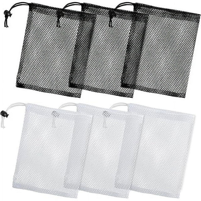 HAYAN6pcs Mesh Drawstring Bag,Mesh Bag for Beach Toys,Mesh Bags Drawstring with Cord Lock,Mesh Laundry Bag,Nylon Mesh Sports Bag Set for Gym Toys Beach and Baseballs,15.7 * 11.8 in(3 Black 3 White)