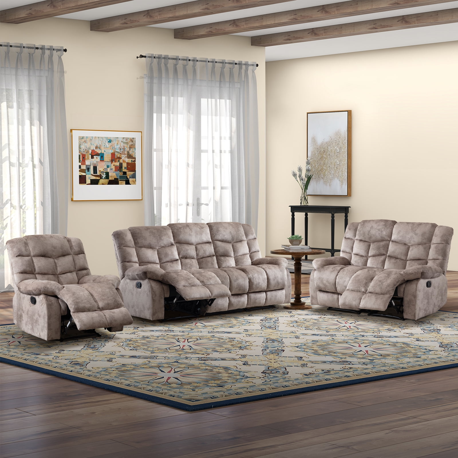 Bonzy Home Manual Reclining Living Room Furniture Set, Adjustable Backrest Chair, Loveseat & 3-Seat Sofa Couch for Home Interior Use