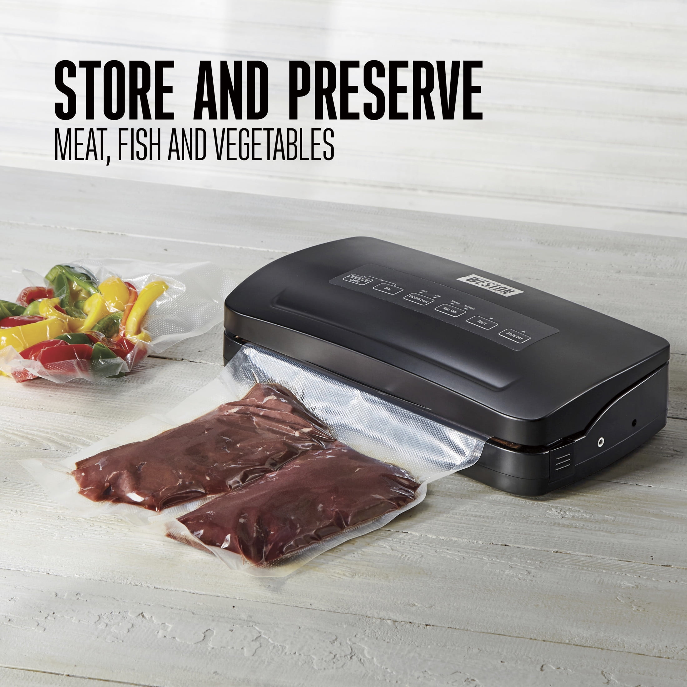 Weston Brands Vacuum Sealer Machine for Food Preservation & Sous Vide, Seals Bags up to 11” Wide, 110 Watts, 22.5” HG Strength, Includes Roll Storage and Starter Pack, Black