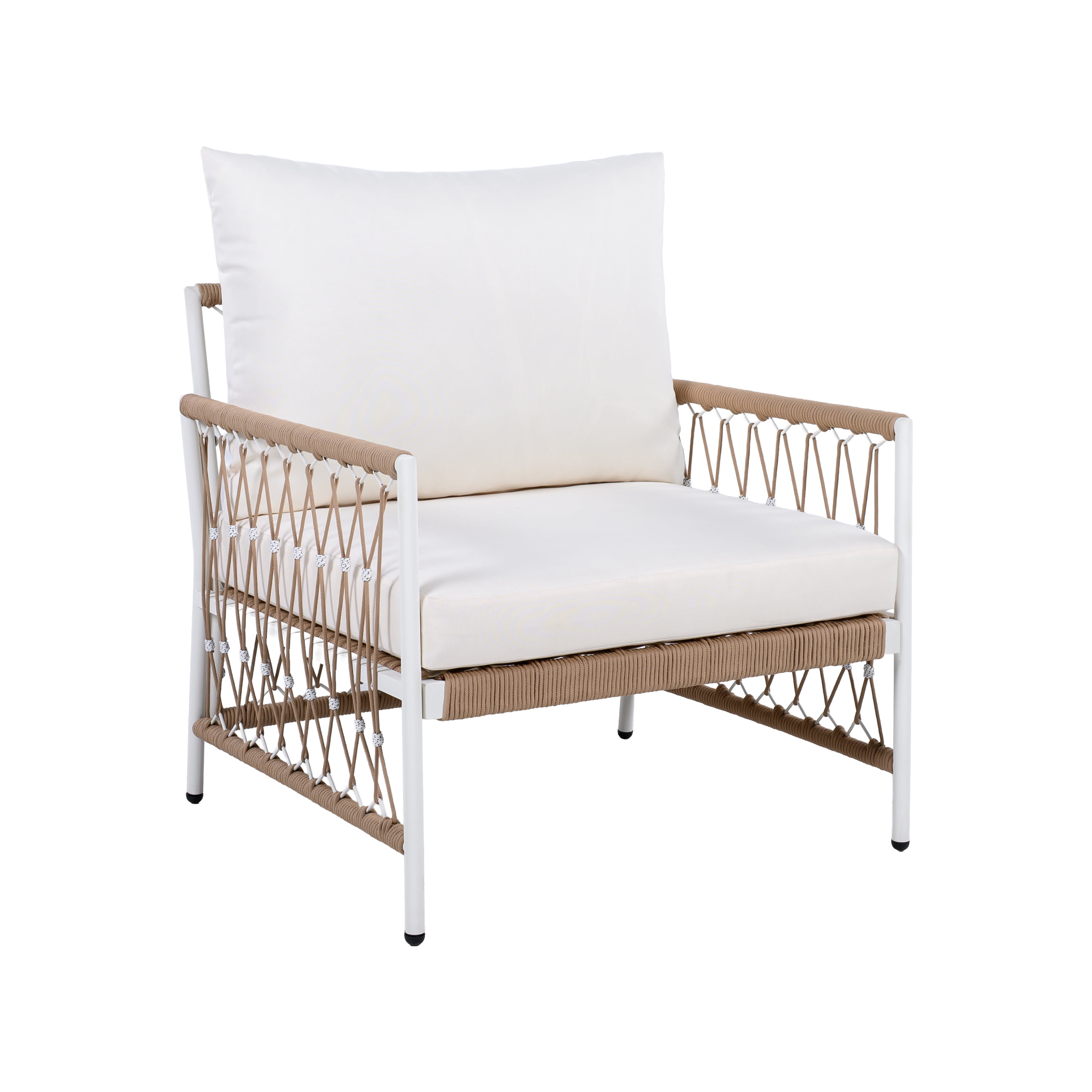 Bohemian Lounge Chair, Outdoor Chair with Handwoven Rope and Steel Frame for Patio Garden, Brown and Beige