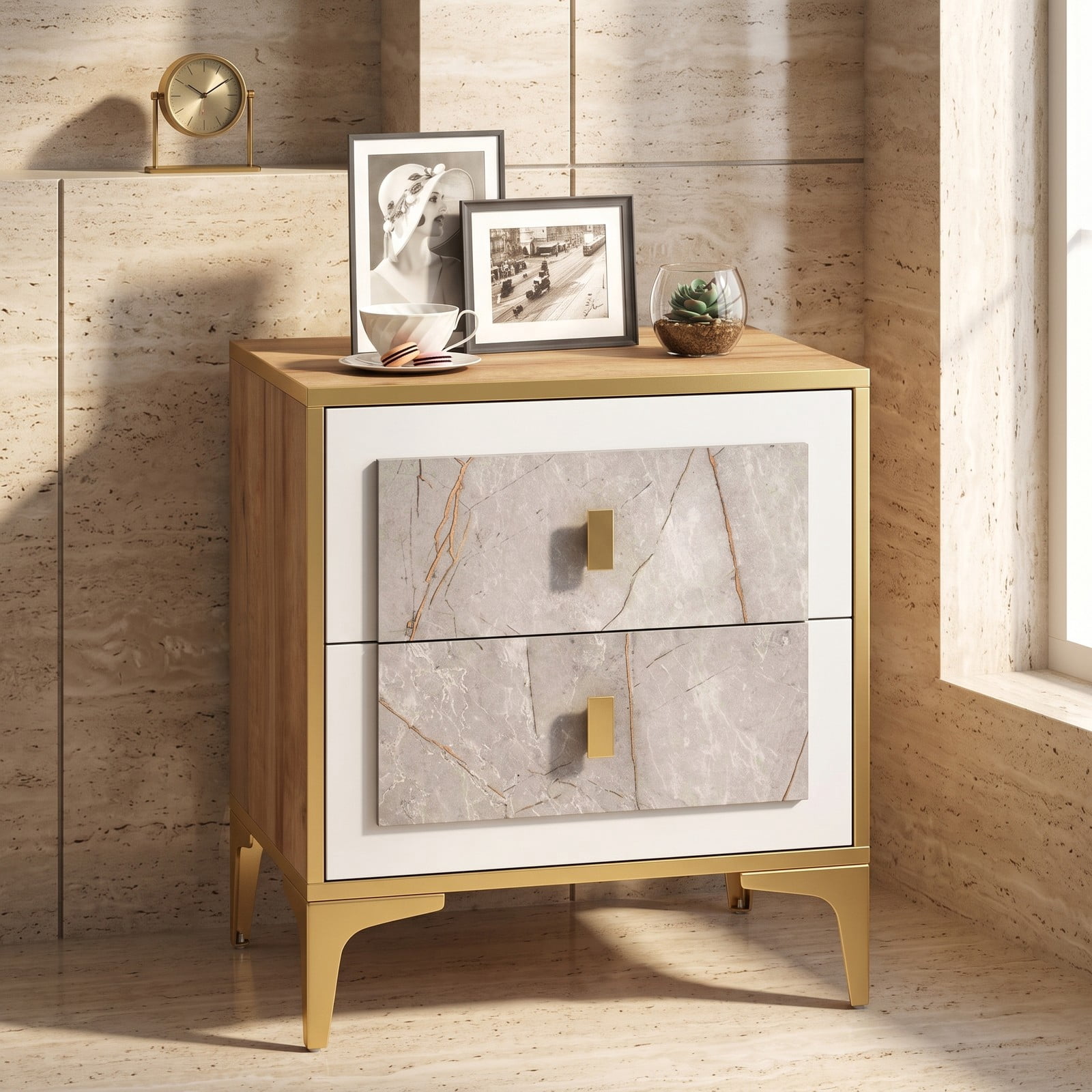 Furnibear Nightstand with 2 Pull-out Drawers and Metal Legs, Modern Bedside Table with Marble-pattern Fronts for Bedroom and Living Room, Natural