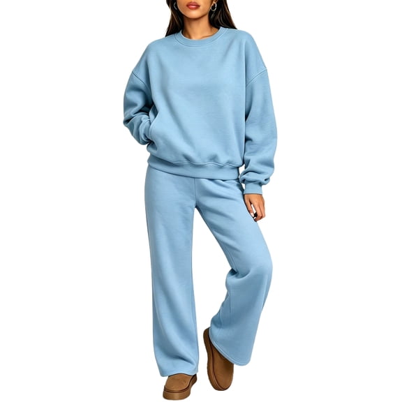 Women's 2 Piece Sweatsuit Set Crewneck Sweatshirt and Wide Leg Pants Relaxed Casual Fleece Travel Lounge Set