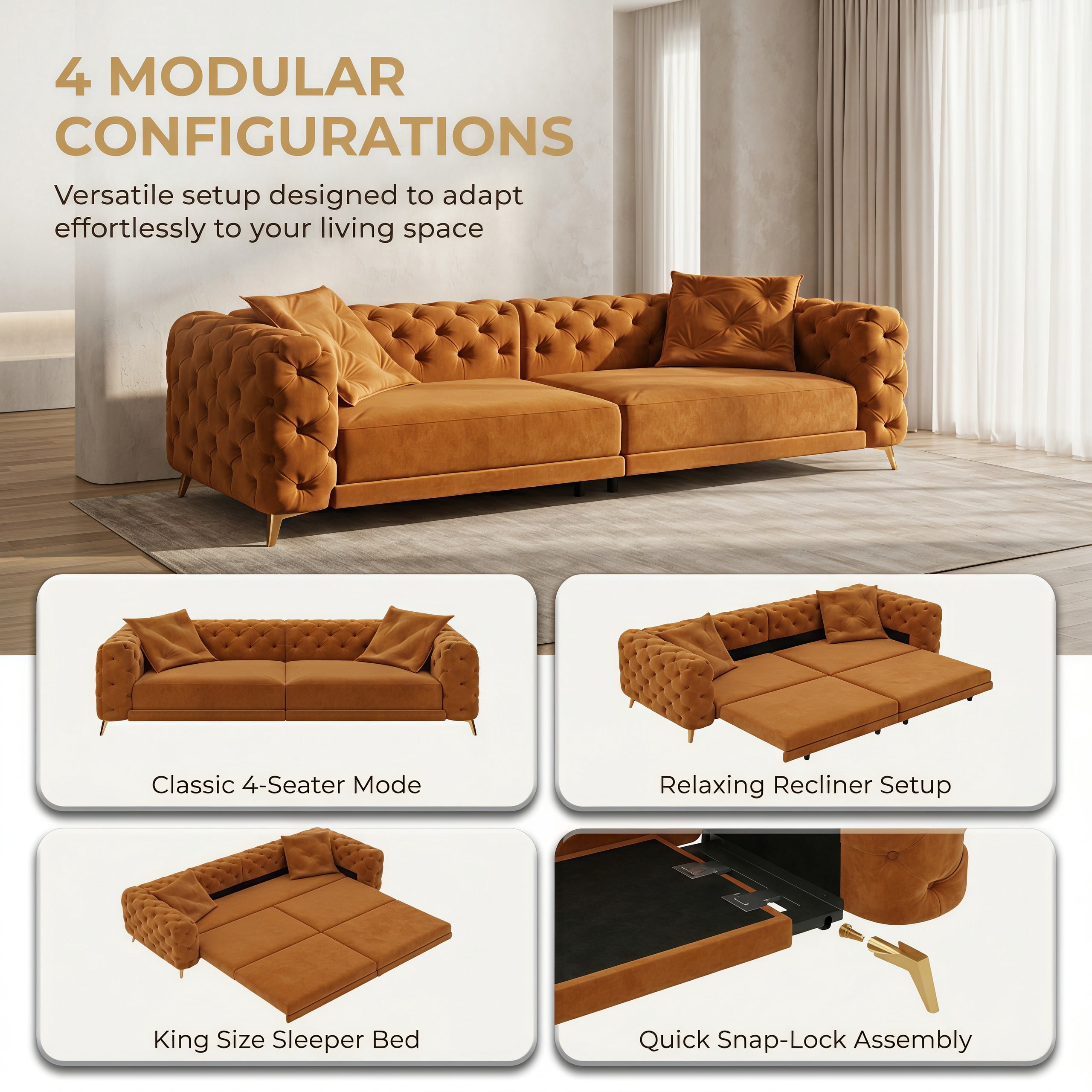 3-in-1 Velvet Sleeper Sofa Bed, 97.7" Modern Button Tufted Convertible Pull Out Couch with Gold Metal Legs & Deep Seat for Living Room, Orange