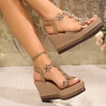 thumbnail image 5 of Rokment Glitter Crystal Flowers Platform Wedge Sandals for Women Sparkly Rhinestones Elegant Chunky High Heels Elastic Ankle Strap Bride Wedding Dress Summer Shoes Beach Khaki Size 6.5, 5 of 8