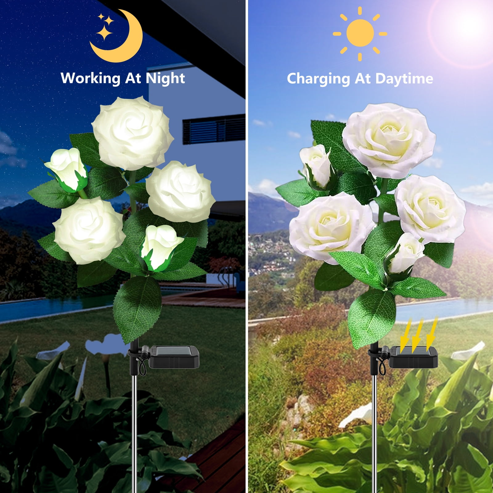 4 Pack Solar Rose Flower Lights, Outdoor Solar Garden Lights, LED Waterproof Solar Lights for Pathway Patio Yard Decor, White