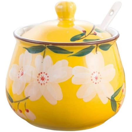 

Ceramic Japanese Hand Painted Flower Sugar Bowl Seasoning Jar with Lid Spoon