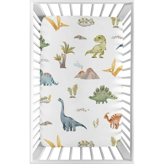 Sweet Jojo Designs Watercolor Dinosaur Dino Multicolor Mini Fitted Crib Sheet