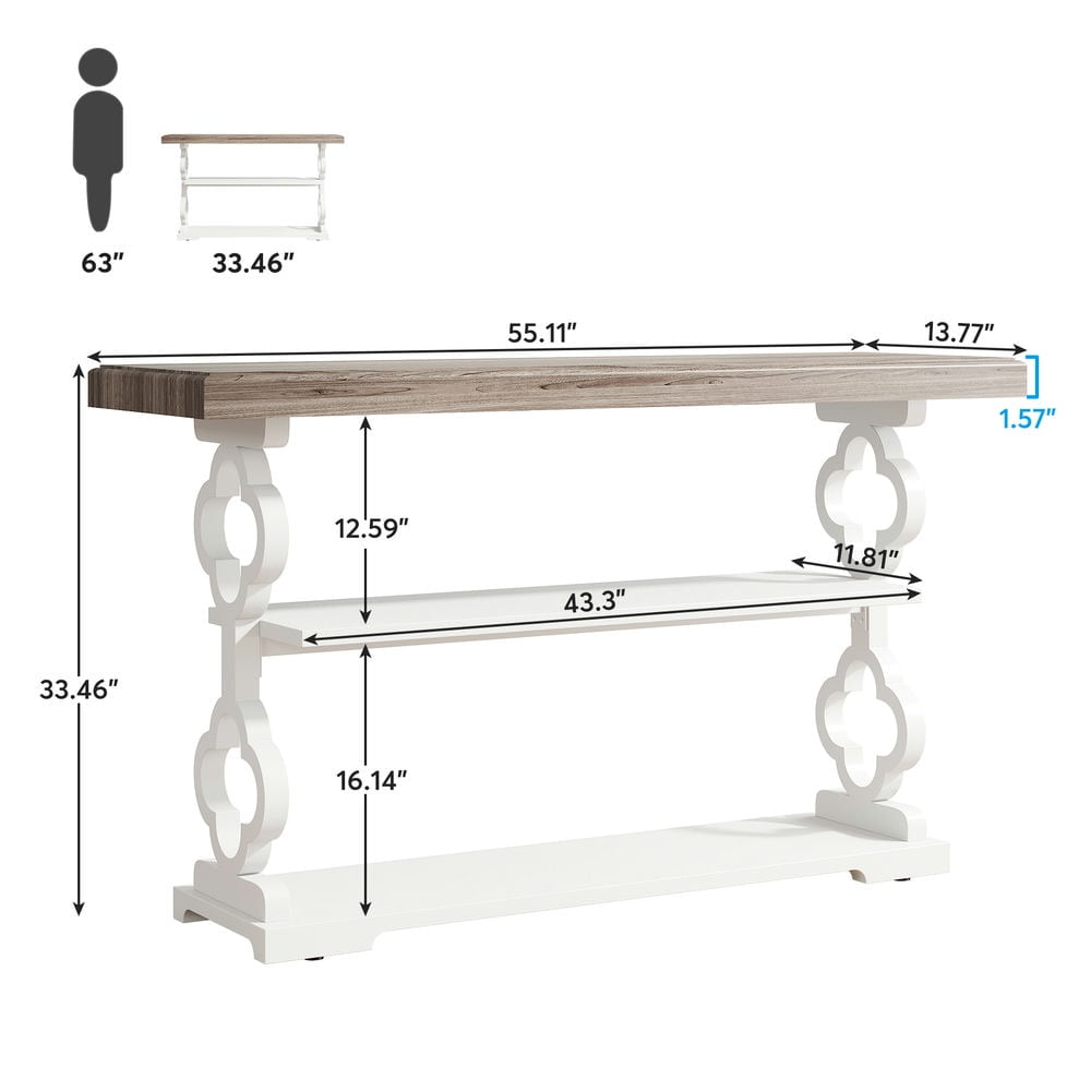 Yardi Yarda Farmhouse Console Table, 55" Entryway Sofa Table with Storage Shelves, White+Brown