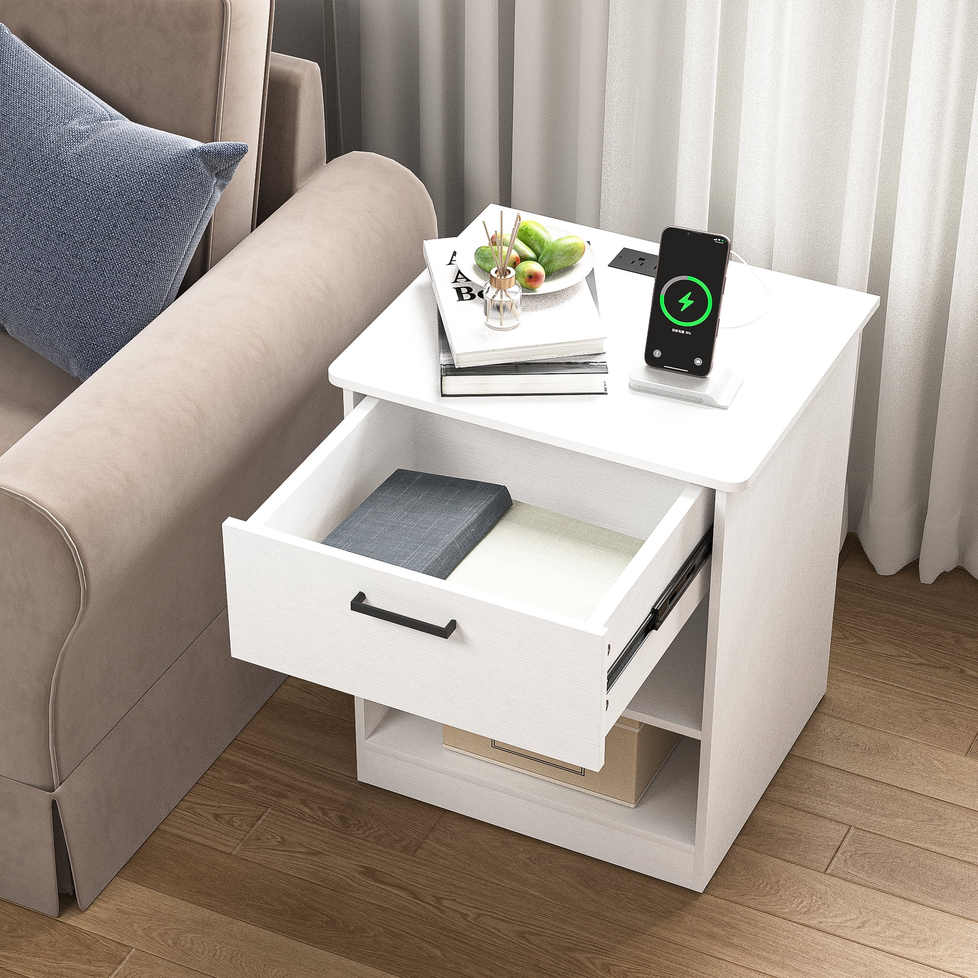Demi Bonn 18.9" Side Table with Fast Charging Station USB C Cable Fast Charging, Wood End Table Nightstand with Drawer and Shelf for Living Room, White