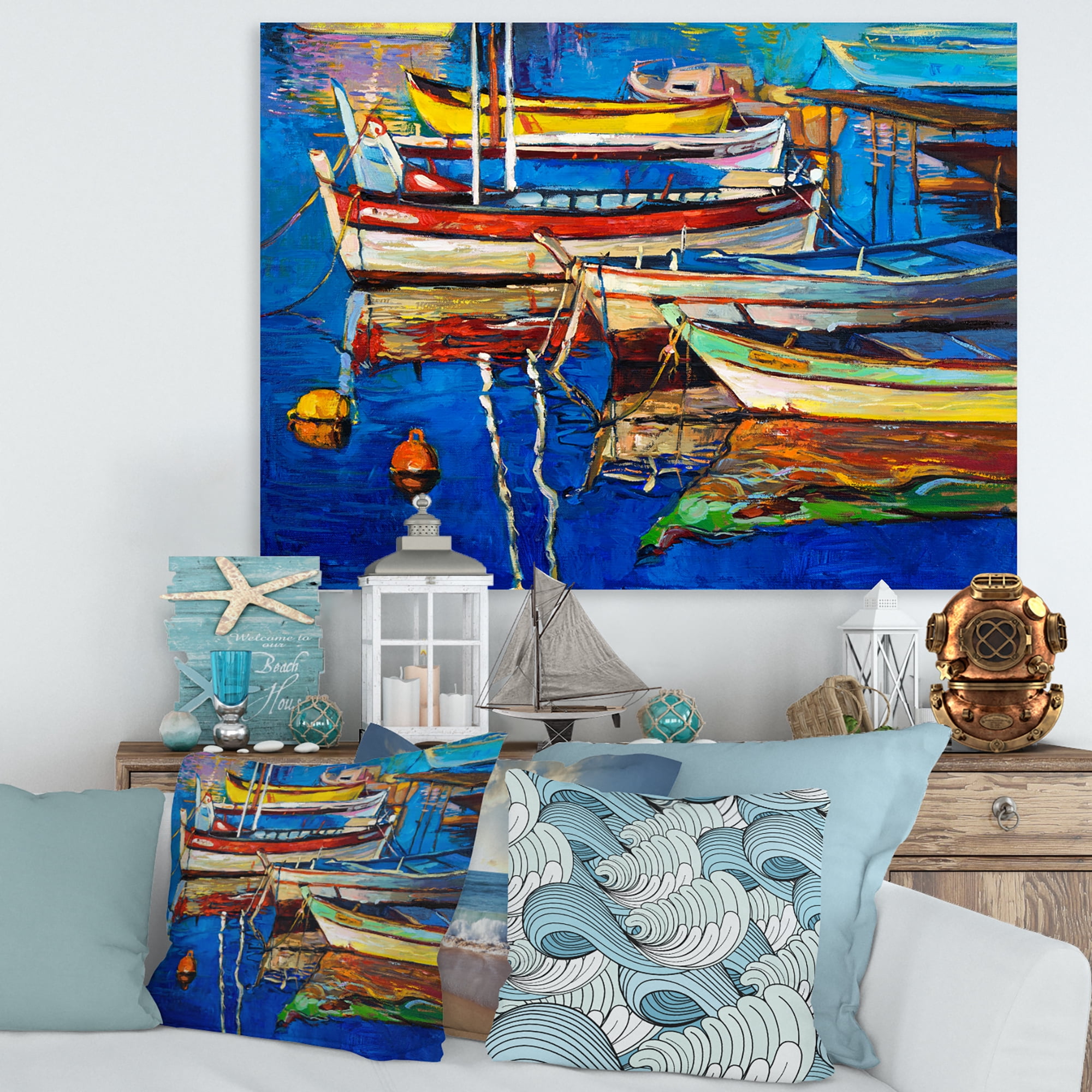 Designart ' Boats Near Coastal Town Resting On The Water II ' Nautical & Coastal Canvas Wall Art Print