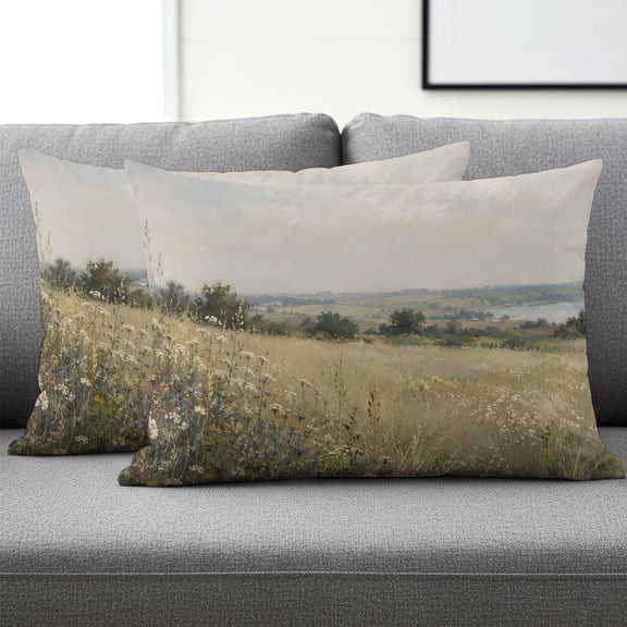 Set of 2 Fall Countryside Pillow Covers 12x20 Inch, Wildflowers Field Trees Grass Rustic Sky Decorative Throw Pillow Cases Cotton Cushion Covers for Sofa Couch Bed Living Room Bedroom Home Decor