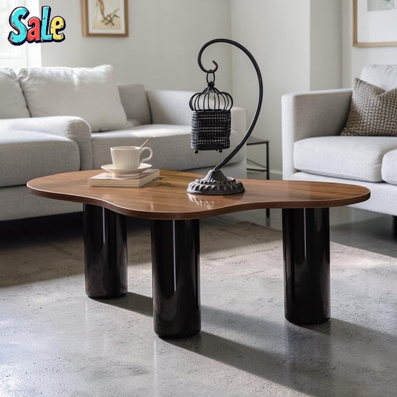 GZXS Irregular Cloud-Shape Coffee Table with 3 Cylindrical Legs, Modern Curved MDF Center Table for Living Room, 39.37"L x 25.98"W x 13.78"H, Wood Black