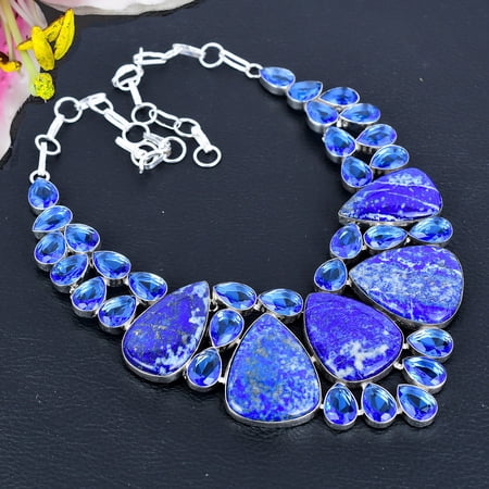 Lapis Lazuli, Blue Topaz Gemstone 925 Sterling Silver Jewelry Necklace 18"