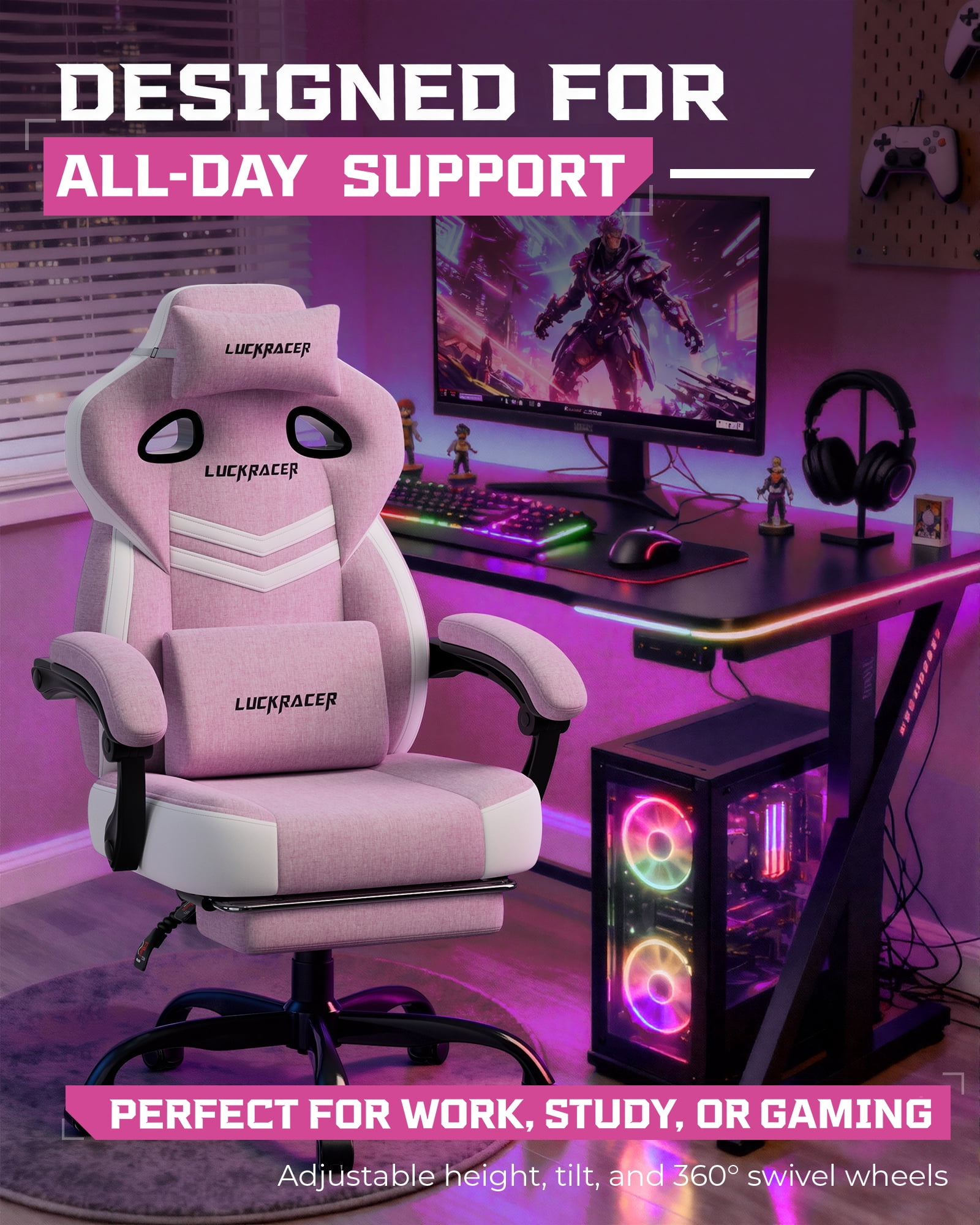 LUCKRACING Fabric PC Gaming Chair with Footrest and Lumbar Support, Pink