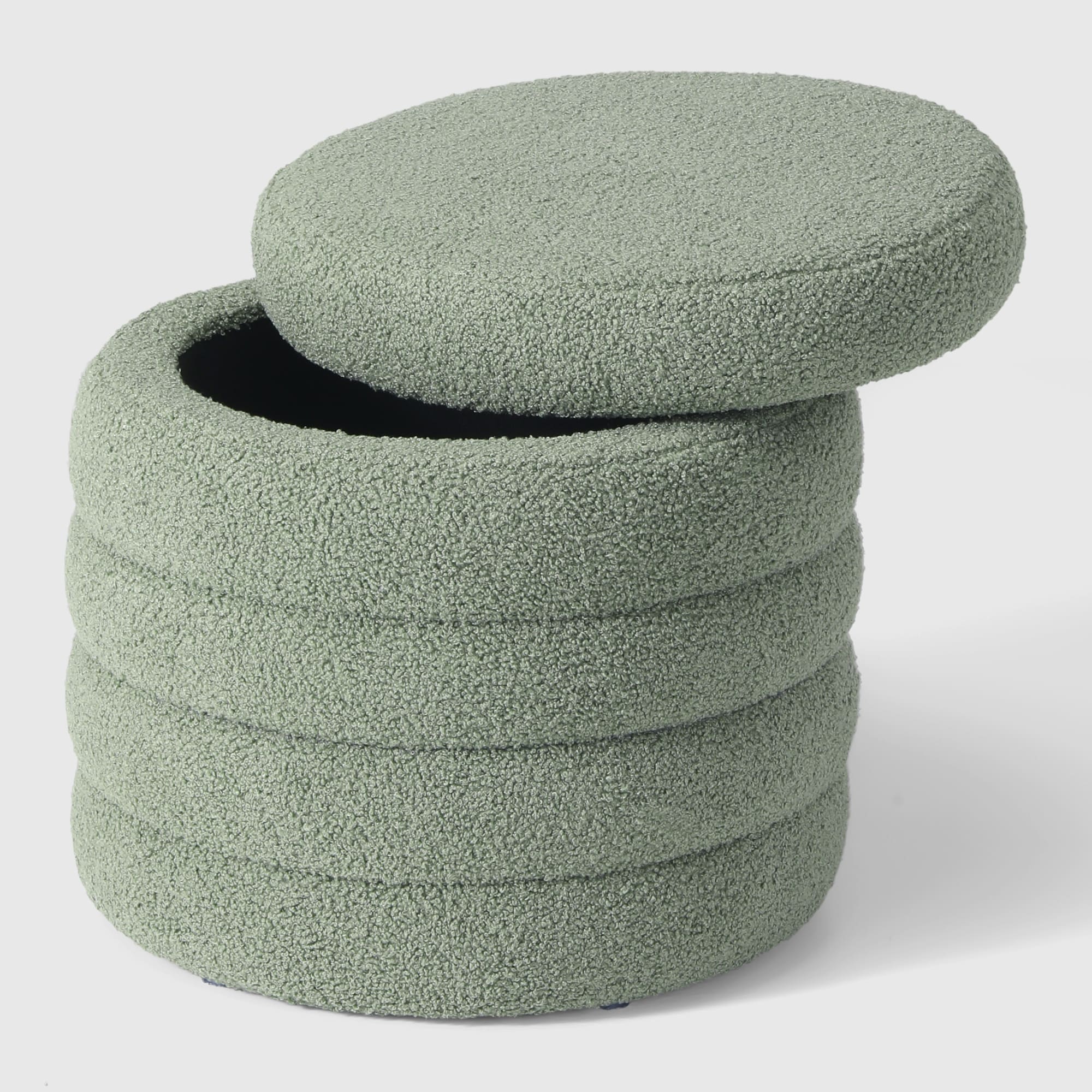 WestinTrends Alexandria Mid-Century Modern Faux Sherpa Round Storage Ottoman, Ice Green
