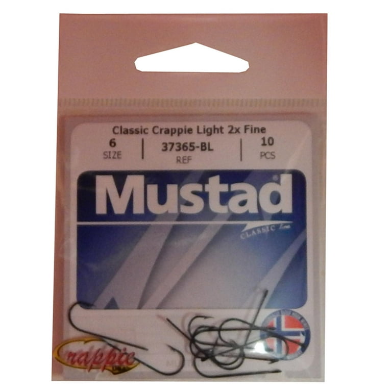 Mustad Crappie Light 2X Fine Size 6 Fishing Hooks Black 10/Pack,  37365-BL-6-10