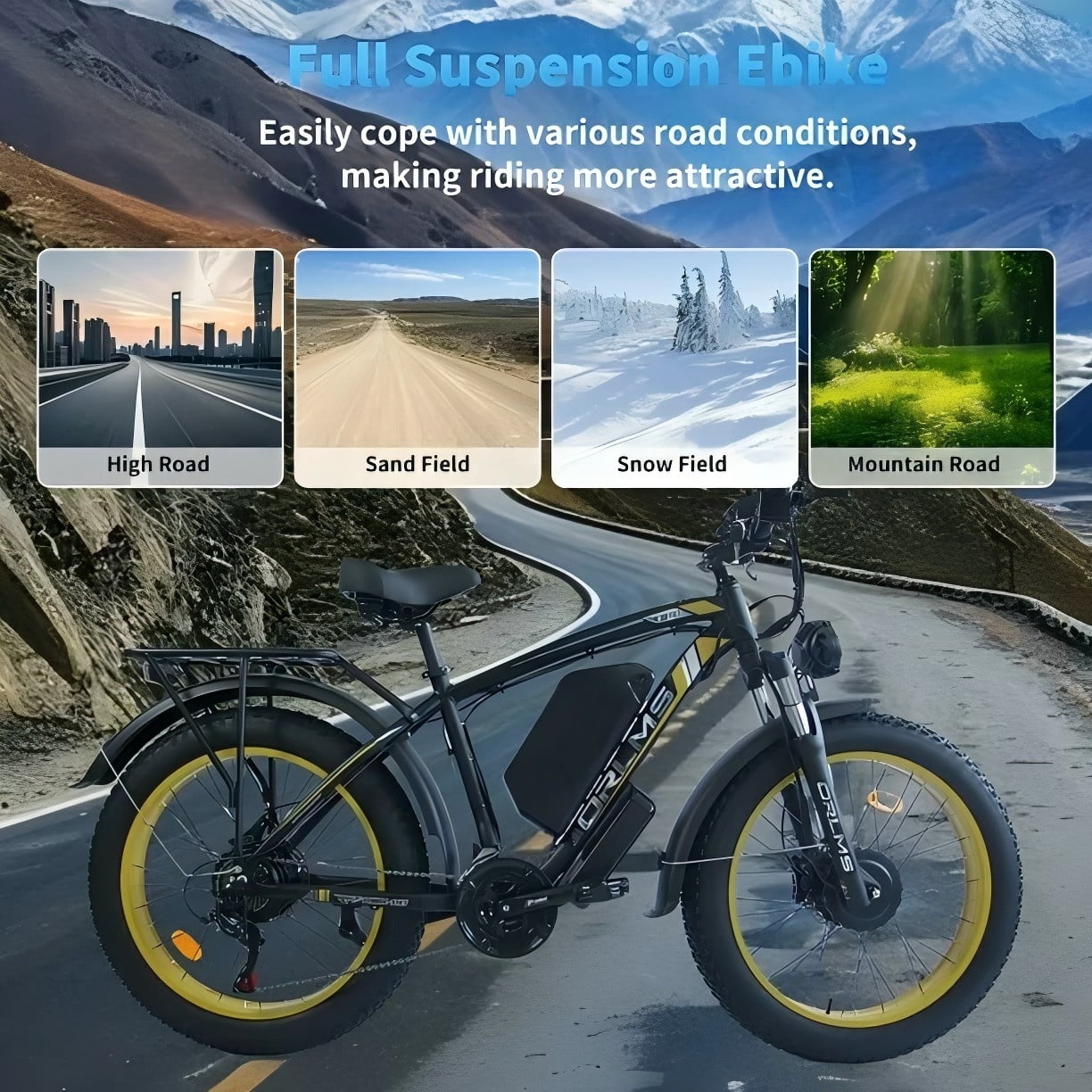 2000W Motor ORLMS TS60 26" Electric Dirt  Bike for Adults,  60V 25Ah Battery, Max 38Mph, 100 Miles Range, 26" Fat Tire All Terrain E-Bike UL2849 MTB