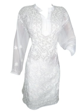 Mogul Woman's Long Kurti Designer Embroidered White Ethnic Indian Tunic Dress