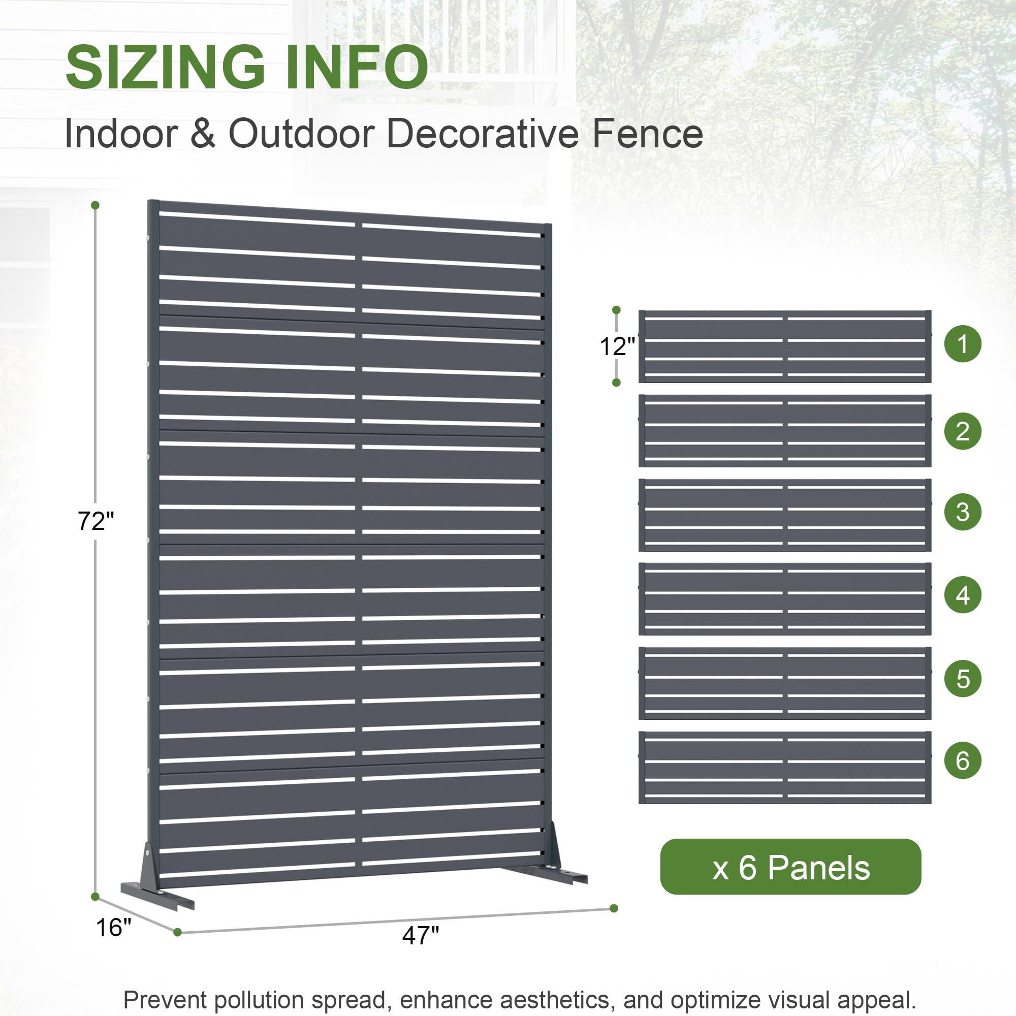 MAYEERTY 72"x47" Privacy Screen, Basalt Ash 6-Panel Galvanized Steel Louvered Fence, Wide-1 Narrow-2, Freestanding for Patio Backyard