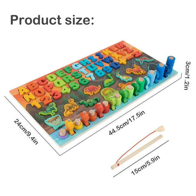 Wooden Shape Sorting Montessori Toys for Kids Age 3+ Dinosaur Logarithmic Board Puzzle Educative Stacking Blocks Fishing Game Shape Sorting Montessori Toy for Fishing Counting Stacking
