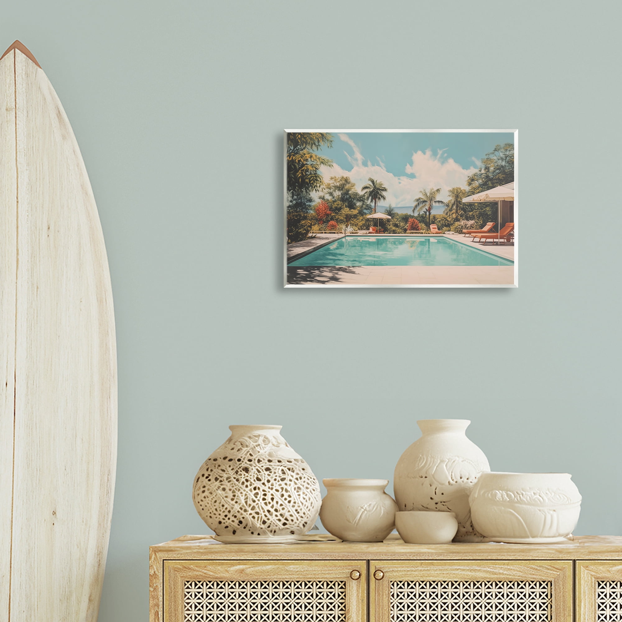 Stupell Industries Tropical Villa Swimming Pool Landscape & Nature Painting Unframed Art Print Wall Art, 19 x 13