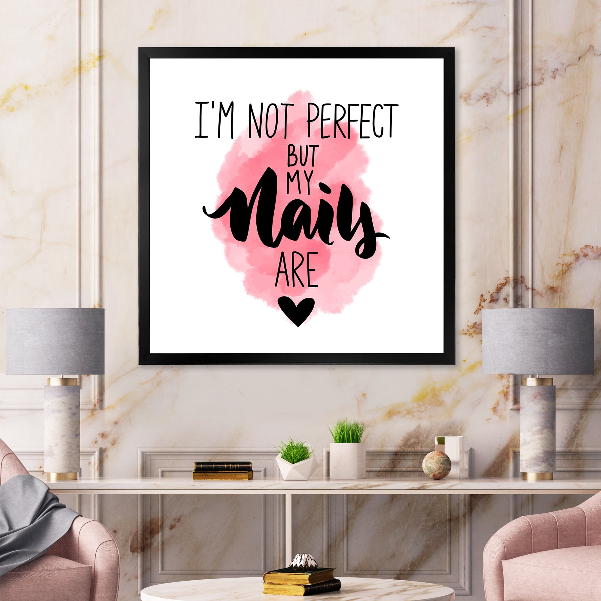 Designart 'I Am Not Perfect But My Nails Are on Pink Background' Modern Framed Art Print