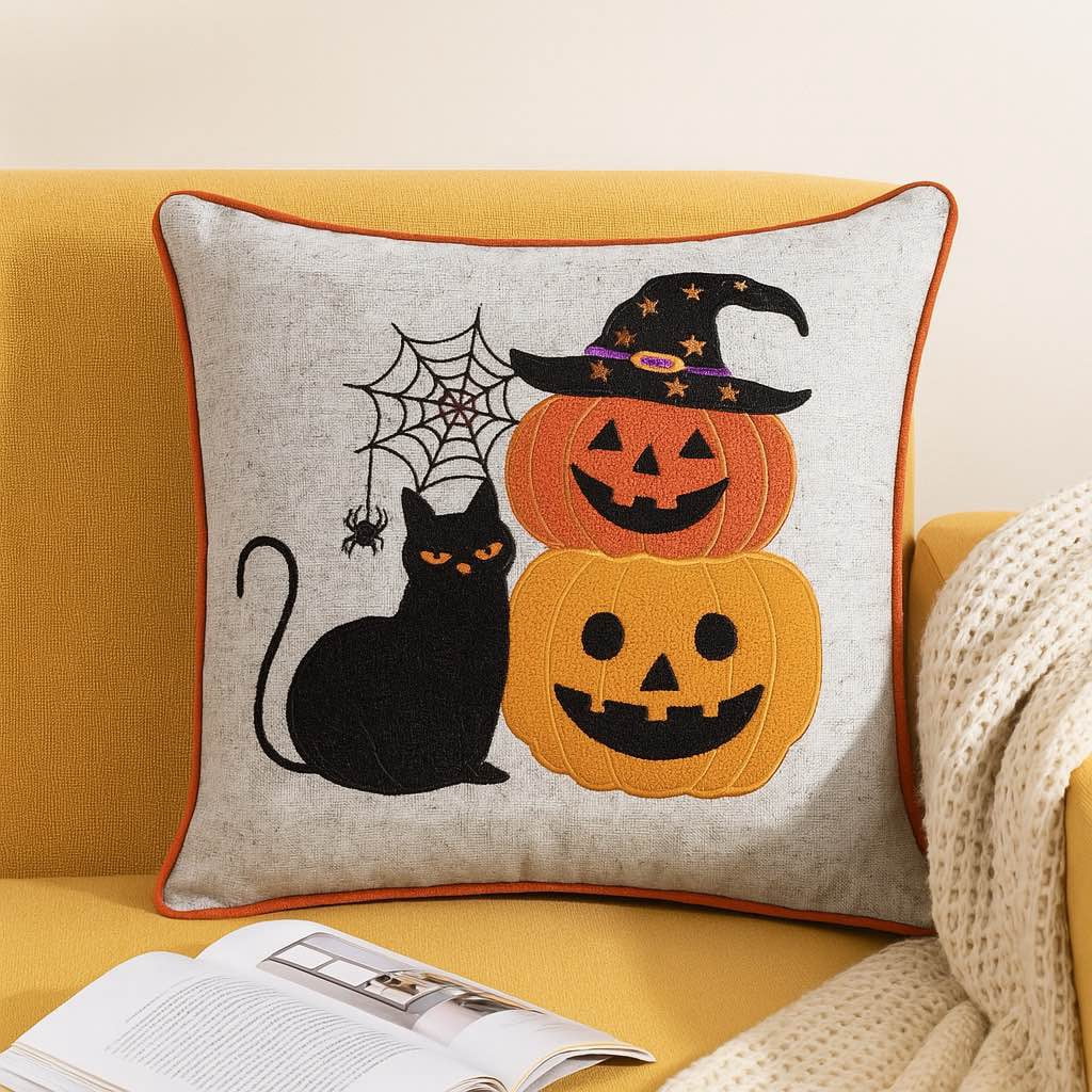 Halloween Embroidered Black Cat Throw Pillow 20x20 Inch Linen-Look Fabric for Sofa Bed Seasonal Decor