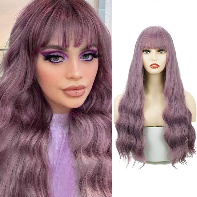 Pelucas moradas largas para mujeres de aspecto ondulado natural con flequillo pelucas rizadas rizadas pelucas resistentes al calor para el cosplay de fiesta diaria esquí esquí Gafas de esquí