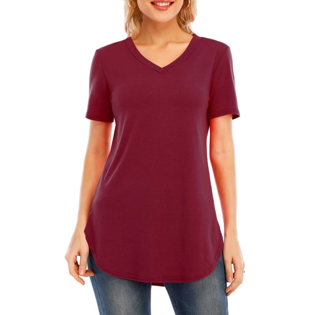 Camiseta de mujer, cuello en V, manga corta, larga, casual, para fiesta, tops Irfora Borgoña M