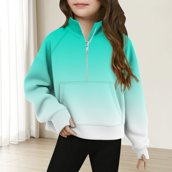 SGFCWSX Girls Fleece Sweatshirt Thermal Zipper Sweatshirts Kids Gradient Pullover Mint Green Size 7 Years