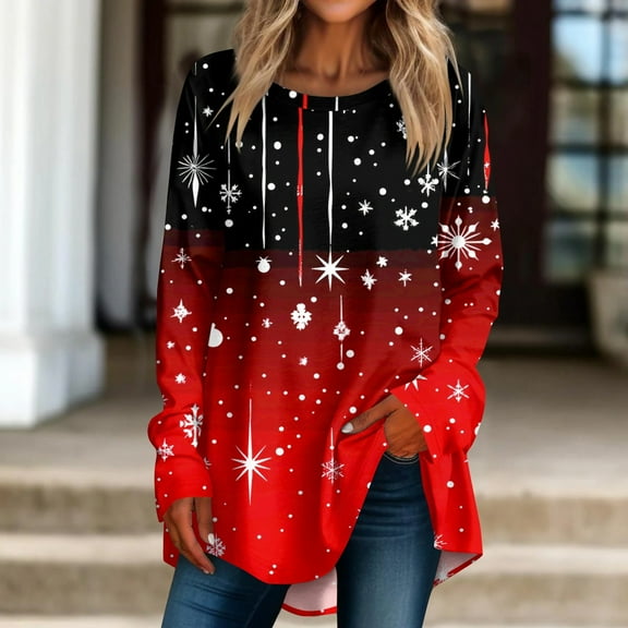 Women's Red Snowflake Print Long Sleeve Casual Christmas Tunic Top Festive Holiday Pullover Sweater for Winter