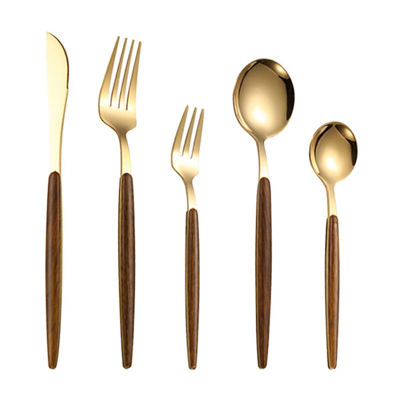 5 Pcs Stainless Steel Knife Fork Spoon Set with Imitation Wood Handle, Stainless Steel Flatware