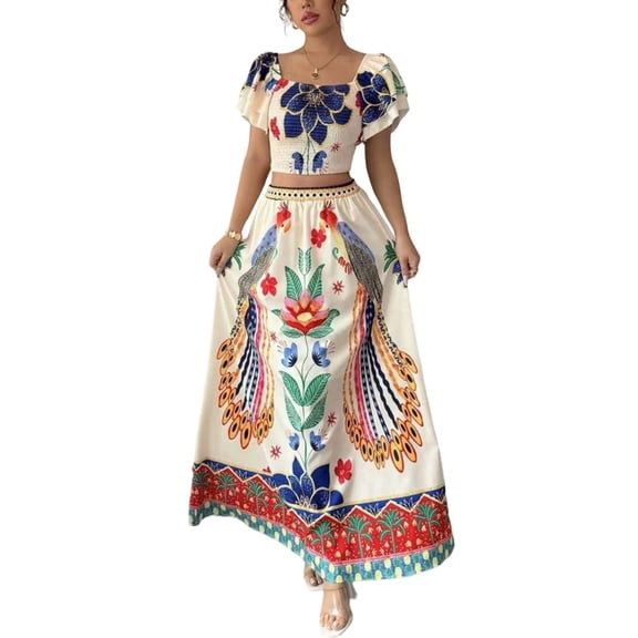 Women Printed Skirt Outfits Floral Halter Crop Top A Line Maxi Skirt Casual Going Out Sets Flower Color XXL