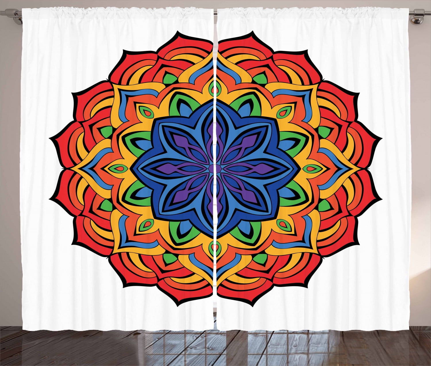 Rainbow Mandala Curtains 2 Panels Set, Cinnamon Flower Motif Bohemian