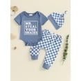 thumbnail image 2 of Suealasg Baby Boys 3Pcs Outfit Sets 3 6 12 18 Months Infant Short Sleeve Letter Print Romper Checkerboard Print Pants Hat Sets Newborn Boys Clothes, 2 of 7