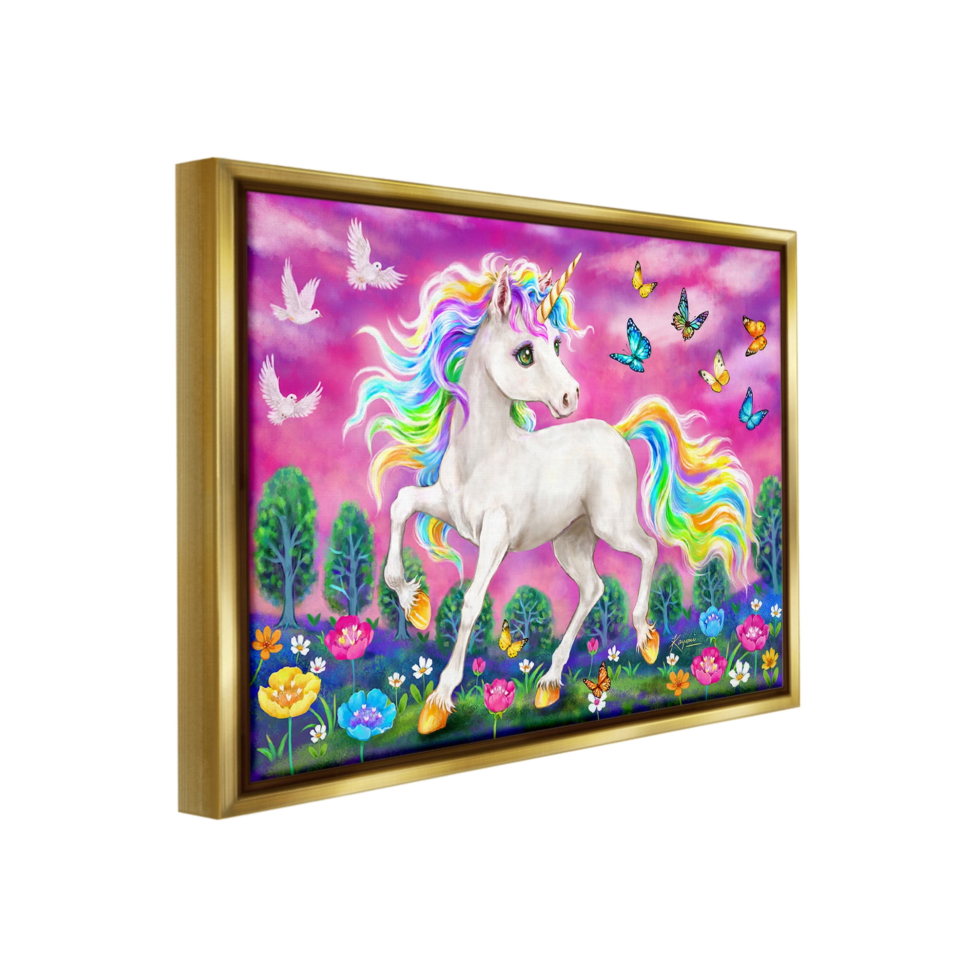 Stupell Industries Unicorn in Meadow Fairy Tales & Fantasy Painting Gold Floater Framed Canvas Art Print Wall Art, 31 x 25