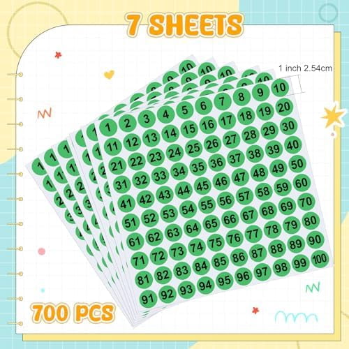 Clabby 700 Pcs Consecutive Number Stickers 1-100 Round Colored Labels 1 Inch Self Adhesive Vinyl Number Decals for Office, Inventory, Storage, Bins(Green)