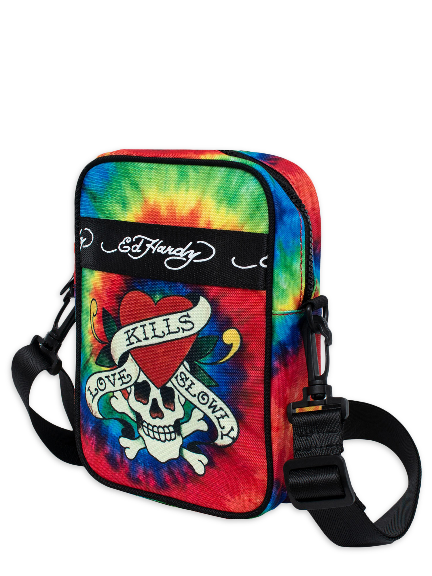 Ed Hardy Unisex Skull On Black Nylon Cross Body Bag With